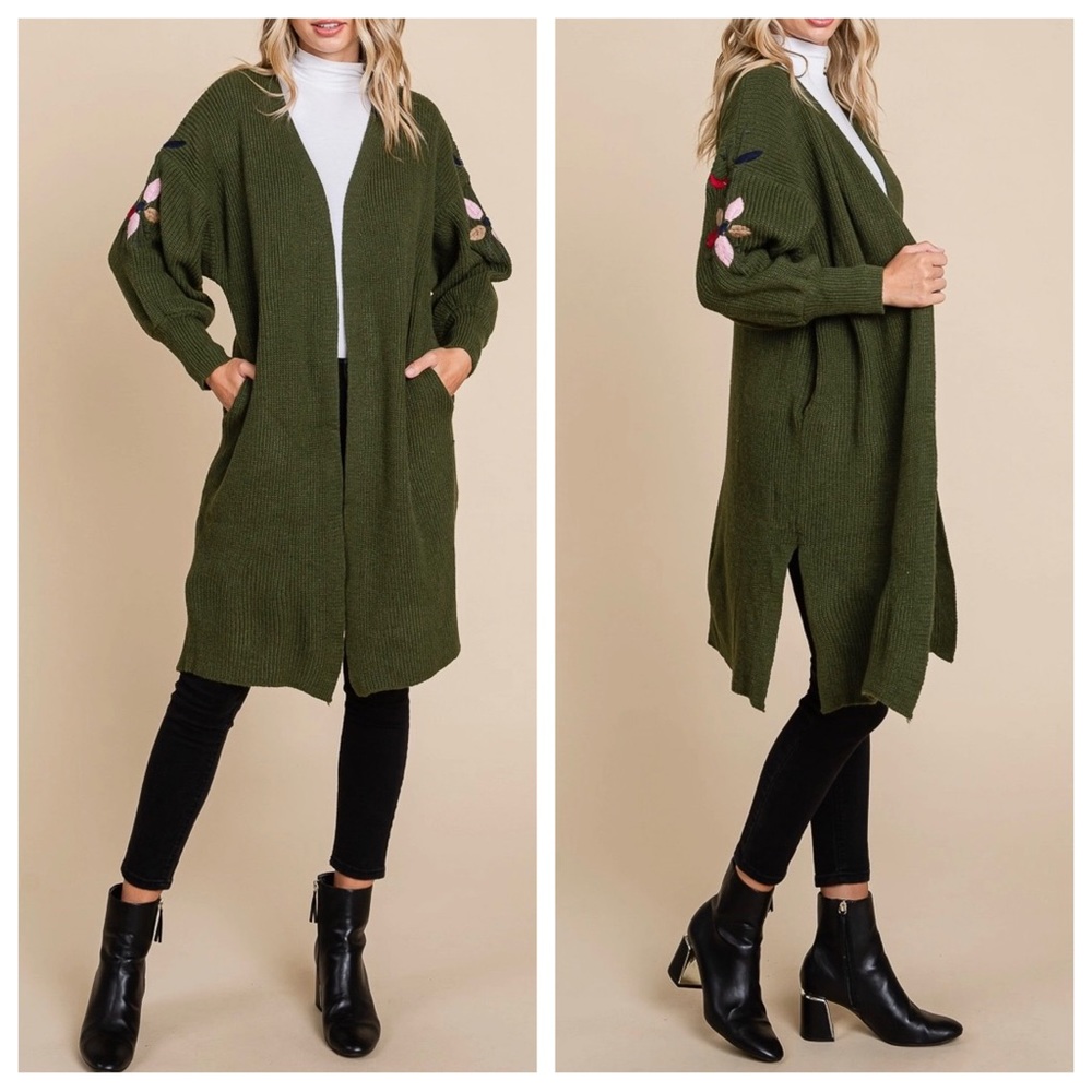 45 Embroidered sleeves with bold flowers Long Knit Olive Cardigan